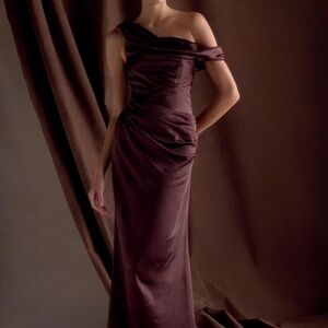 Dalia Off Shoulder Satin Maxi Dress - Dark Chocolate
